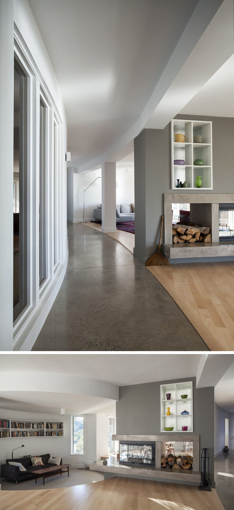 In this modern home, a small reading area has been created beside the concrete surround, glass fireplace that's in the centre of the room. White built-in shelves above the fireplace provide a spot for decorative ornaments or storage.