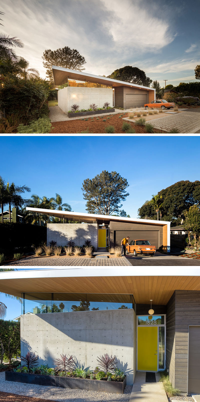 The front of this modern house features a slanted, angular roof. A bright yellow door framed by two windows brings you inside the home.