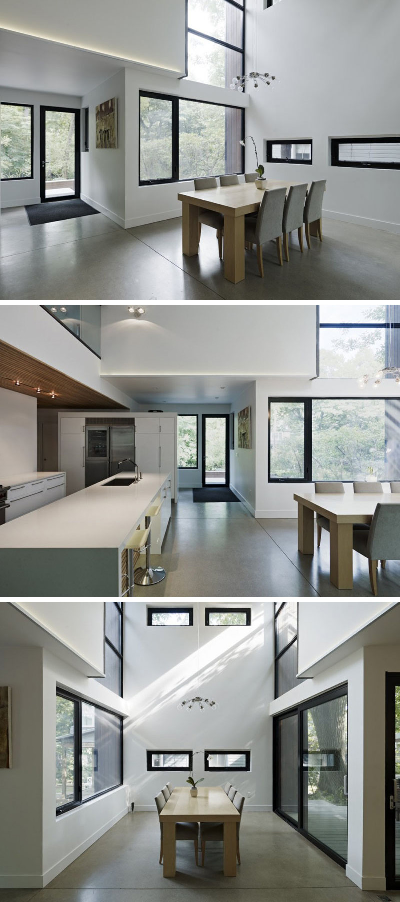 This modern house has polished concrete flooring that's heated, which compliments the white interior with black framed windows. Sliding glass doors beside the dining table lead to an outdoor porch.