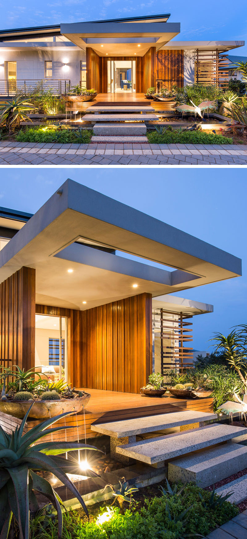 Uplighting, plants and a small pond welcome you to this home, while granite stairs that appear to be floating lead to the large front entrance of this modern home, that is adorned in timber cladding.