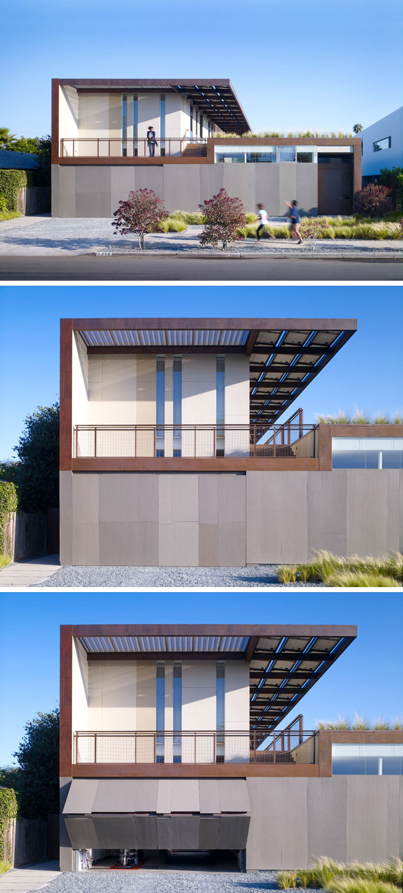 The front of this modern house appears to have a solid lower level until the garage door is activated, then it folds out and up to reveal the contents inside. A balcony on the second floor makes it easy to see what's happening on the street.