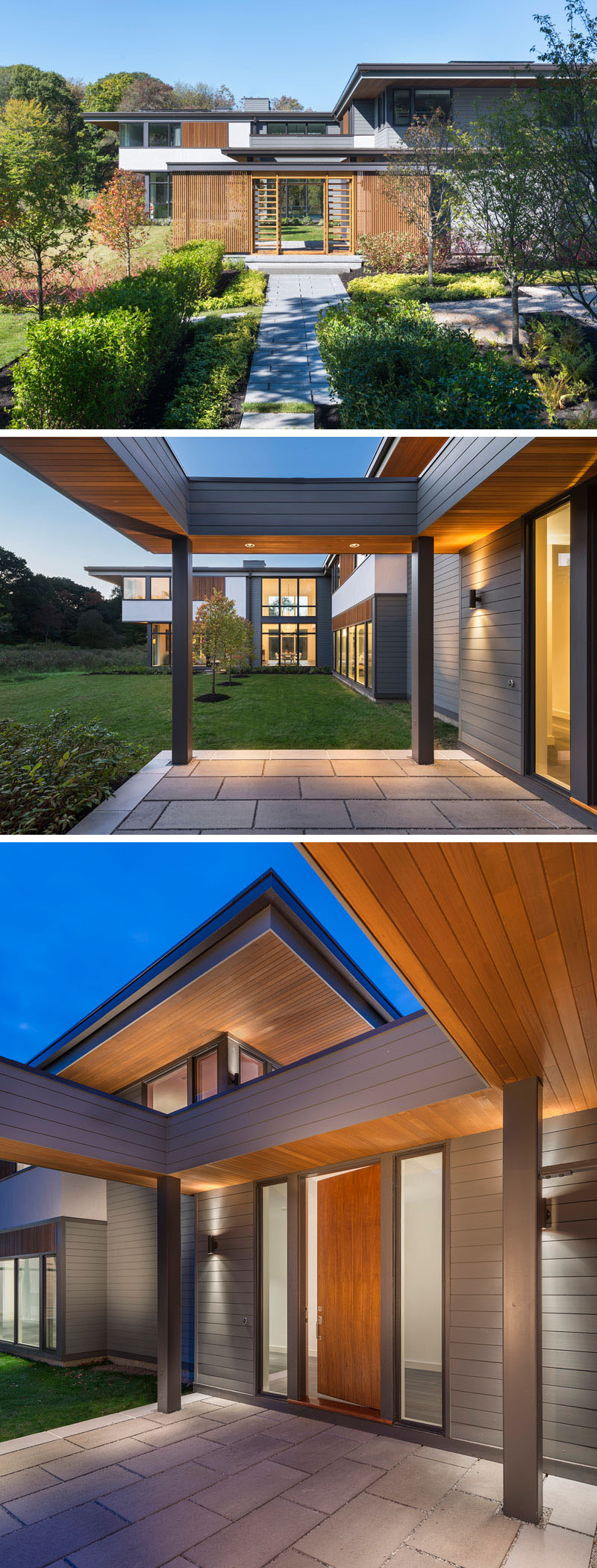 Arriving to the front of this modern house, a pathway with cement pavers lead to a custom teak gate imported from China which guides you to the front entrance of the home. 