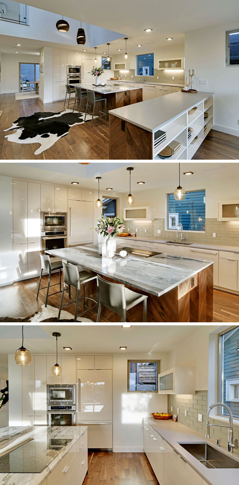 Stepping into this modern kitchen, a calacatta marble kitchen island with a walnut chevron pattern base provides work space and a place to sit. Glossy white cabinets have been used and they help to reflect light throughout the kitchen.