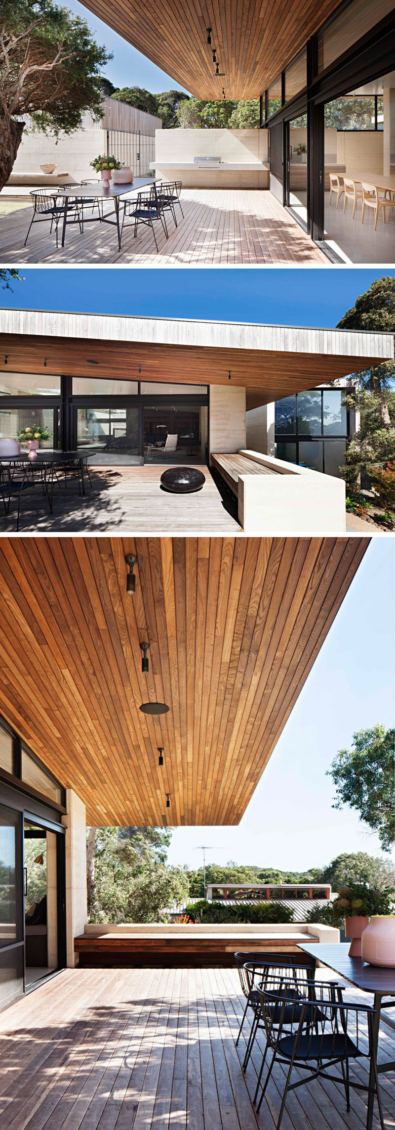 This modern Australian house has a large partially covered outdoor terrace. Wood has been used for the flooring and the ceiling, while built-in elements like an outdoor bbq area and bench seating have been added.