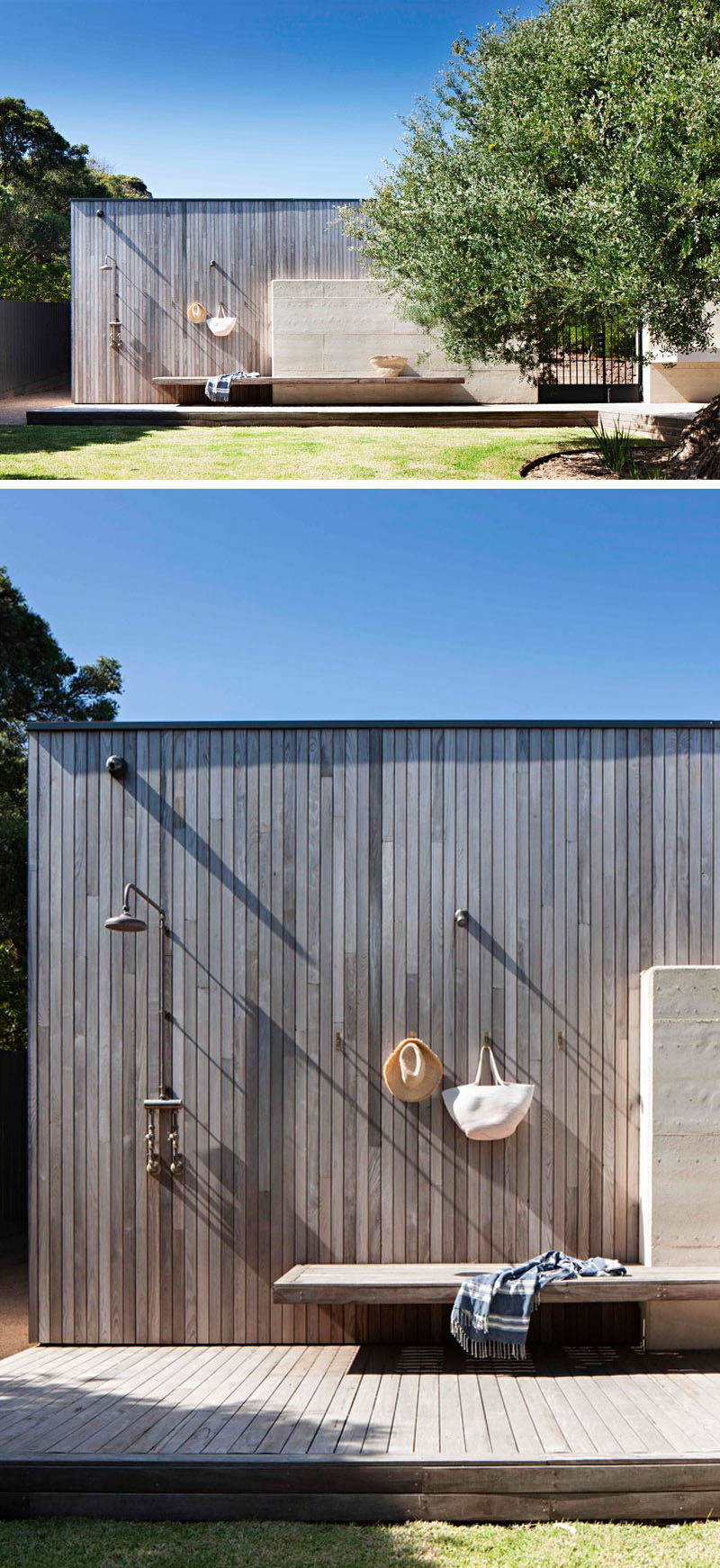 Located along the back wall of this modern garage is a built-in bench, wall hooks and an outdoor shower.