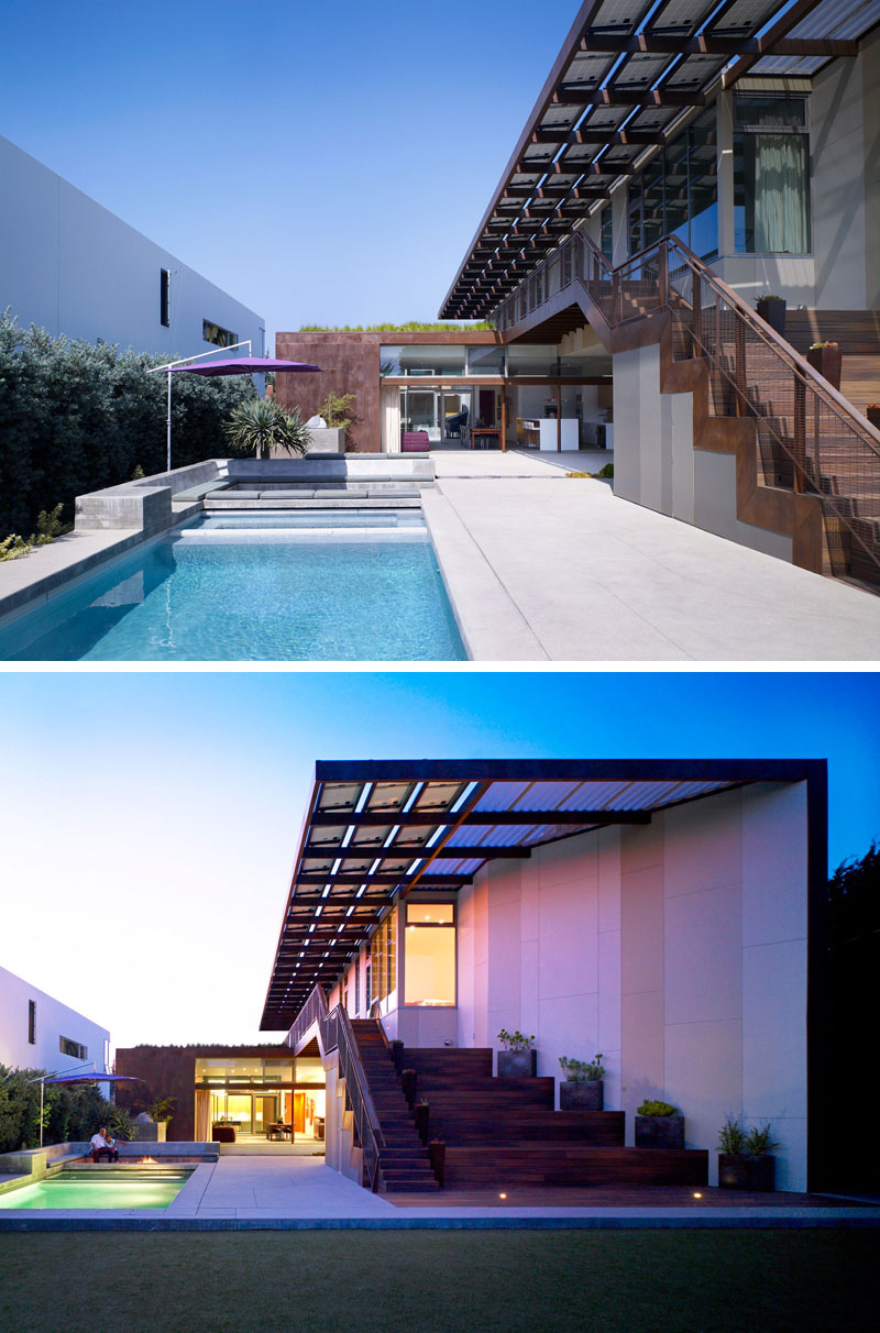 Further seating has been built-in near this modern pool, and helps to create the perfect place to relax in the backyard. The pool lights up when it becomes dark making it safe to swim even at night.