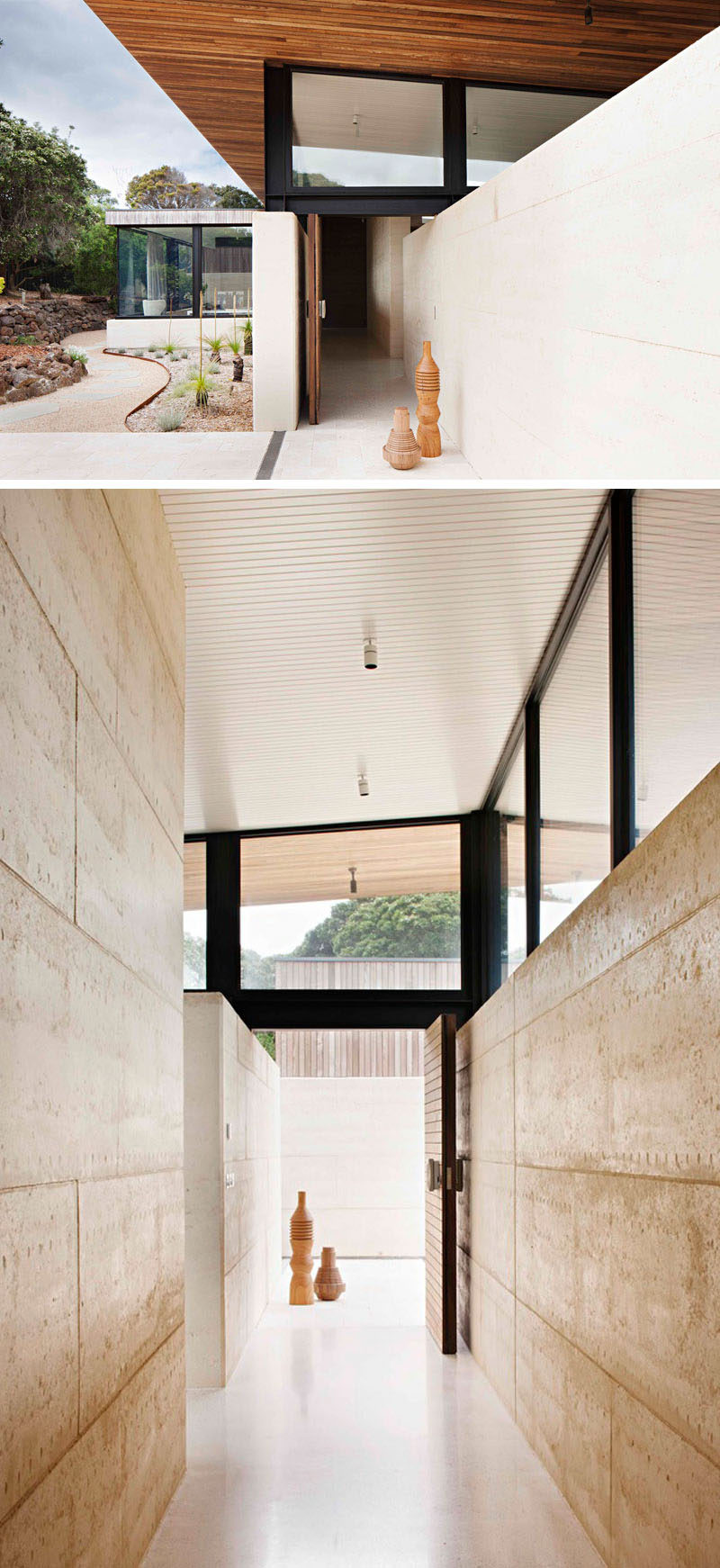 Local materials and techniques were used when building this modern house, with the sand component of the rammed earth walls being locally sourced and built by local artisans.