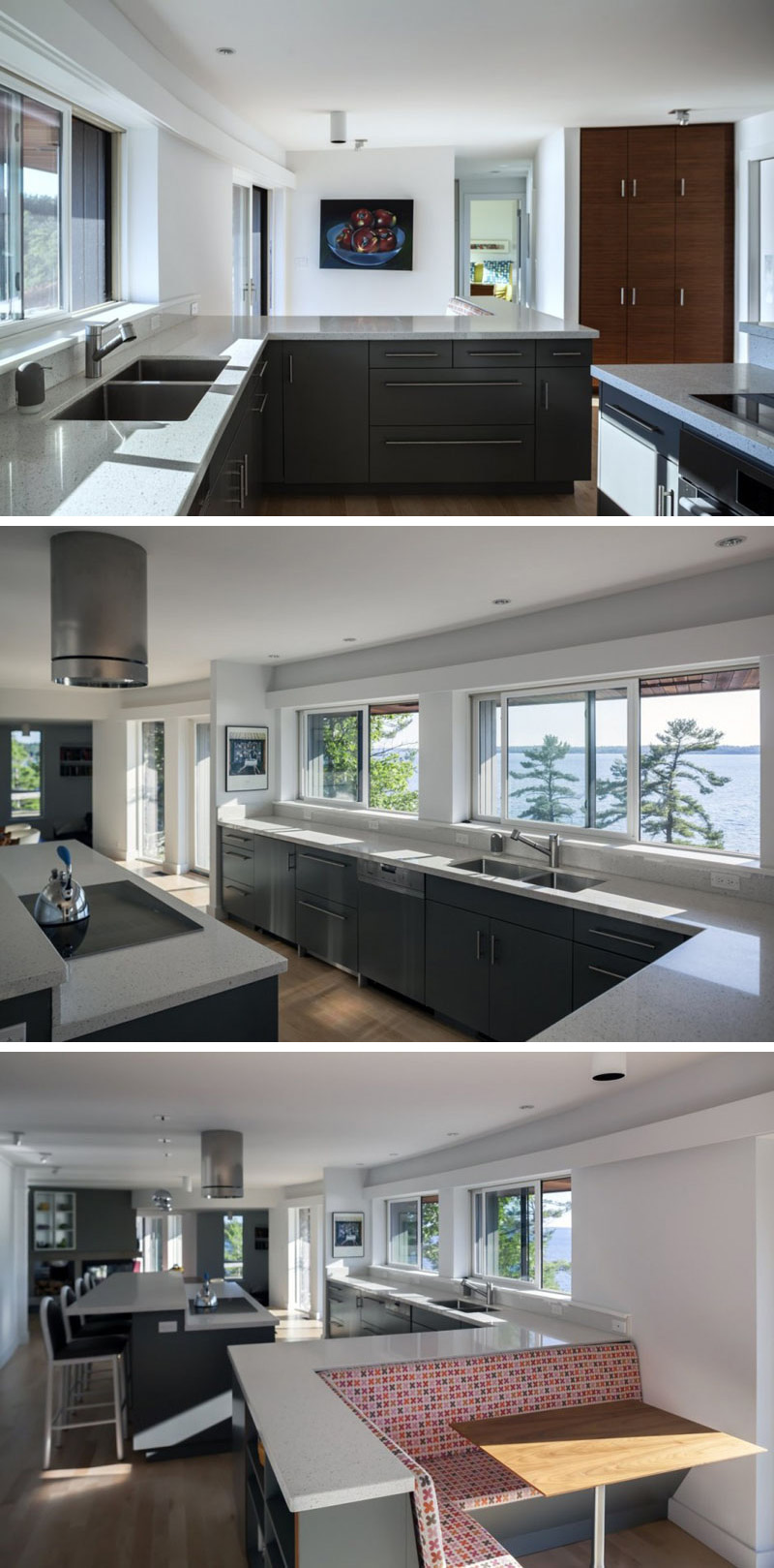 In this modern kitchen, grey cabinetry and stone countertops provide plenty of storage and work space. Built-in at the end of the kitchen counter is seating with a retro upholstered pattern, and a small wood table has been added to provide more options for dining.