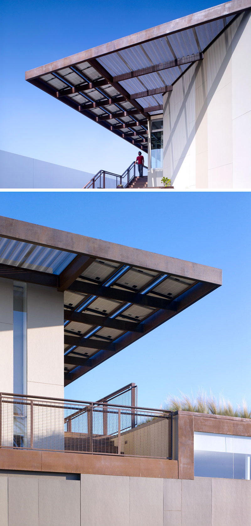 This modern overhanging roof has solar panels and extends out over the stairs providing shade from the sun.