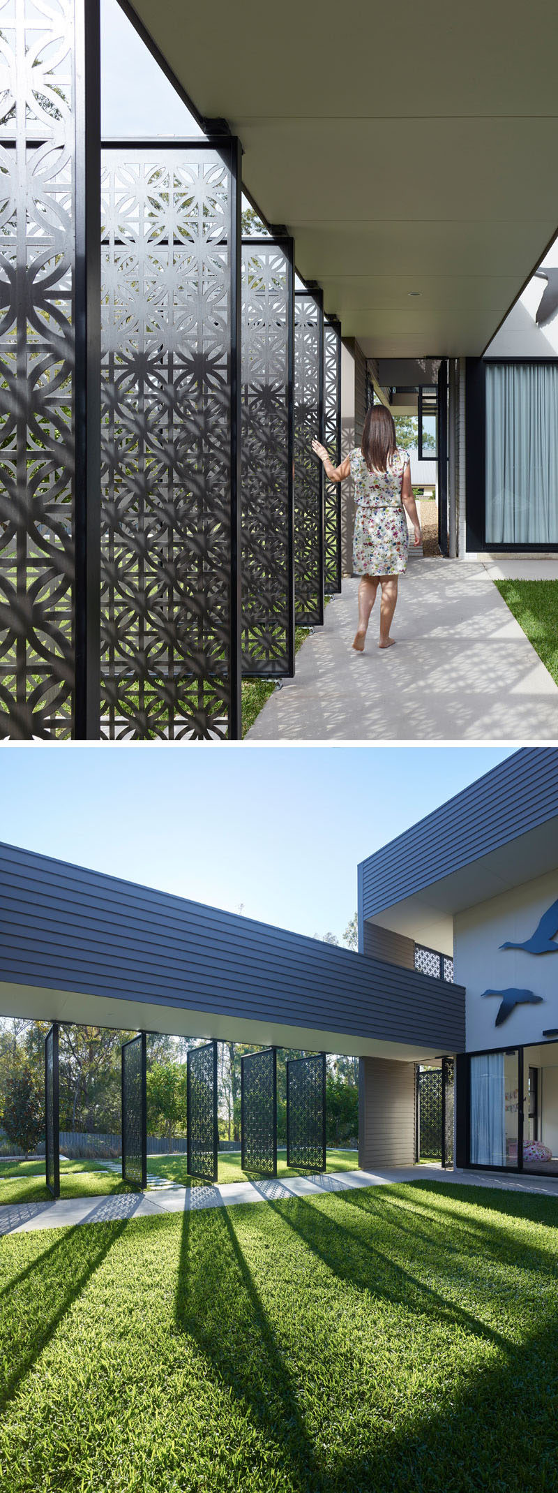 The laser-cut screens featured on this modern house, have a repetitive pattern and provide a unique experience for someone who is entering the courtyard, the heart of the home.