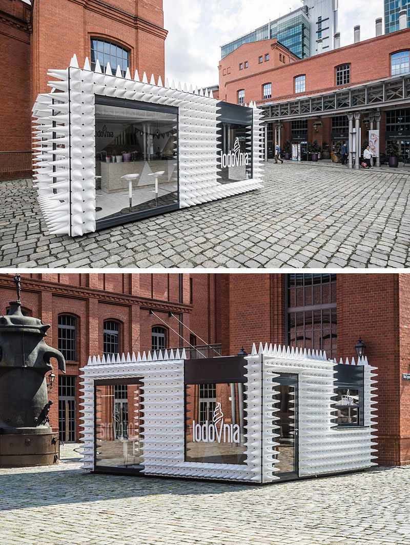 mode:lina architekci have designed LODOVNIA, a mobile ice cream shop in Poland that's covered in almost 1,000 white sports cones, representing the shape of an ice cream cone.