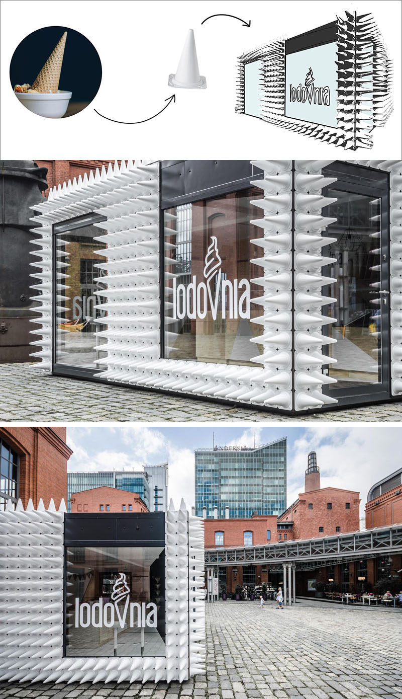 mode:lina architekci have designed LODOVNIA, a mobile ice cream shop in Poland that's covered in almost 1,000 white sports cones, representing the shape of an ice cream cone.