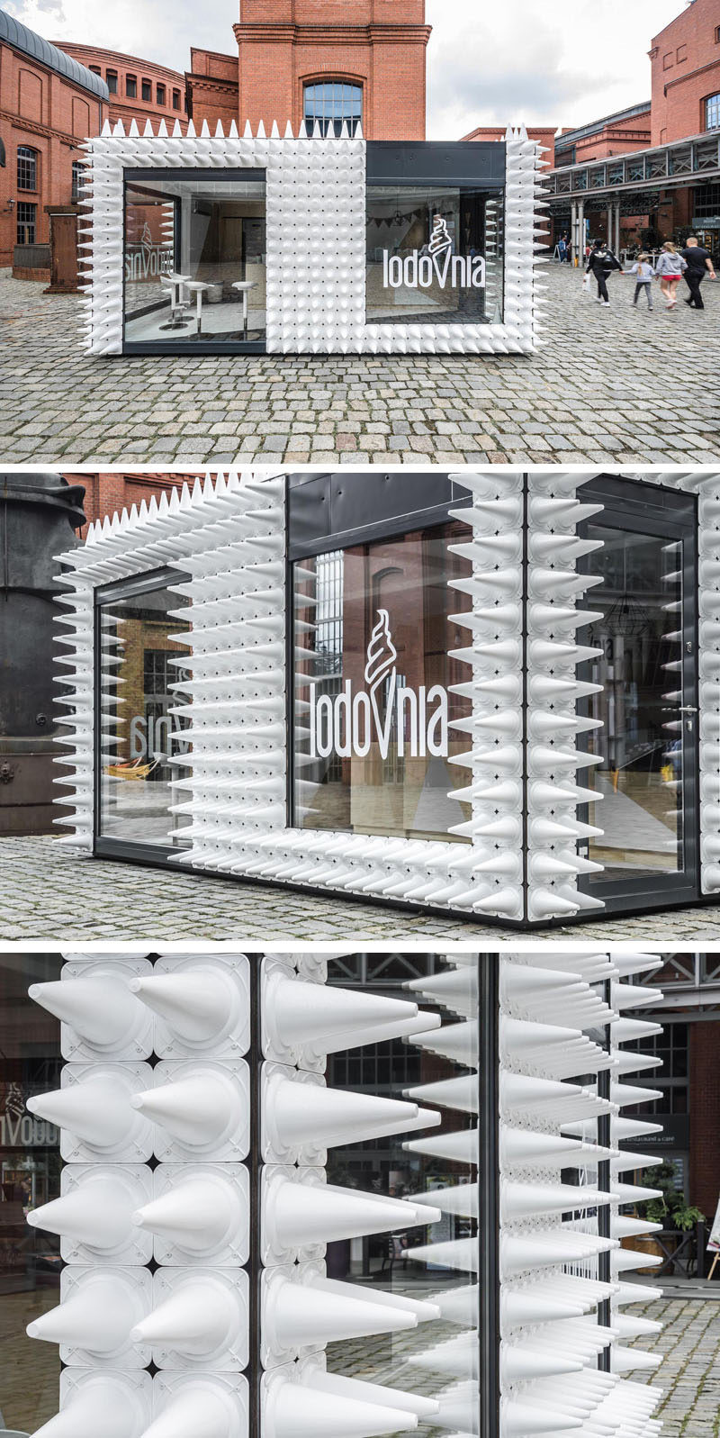 mode:lina architekci have designed LODOVNIA, a mobile ice cream shop in Poland that's covered in almost 1,000 white sports cones, representing the shape of an ice cream cone.