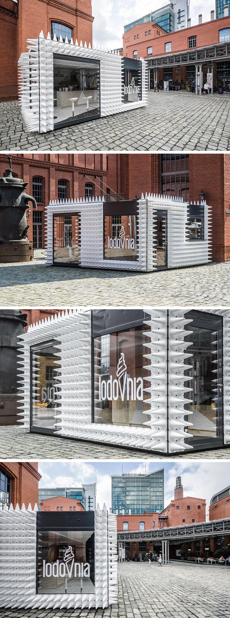 mode:lina architekci have designed LODOVNIA, a mobile ice cream shop in Poland that's covered in almost 1,000 white sports cones, representing the shape of an ice cream cone.