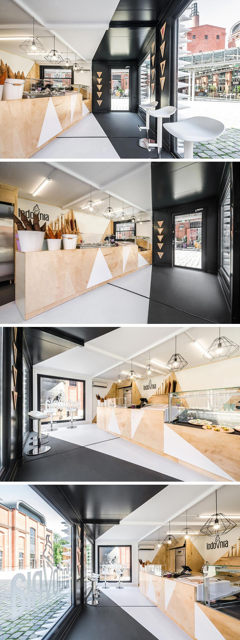 This modern ice cream shop in Poland has a black and white interior that's softened up by the use of natural plywood.