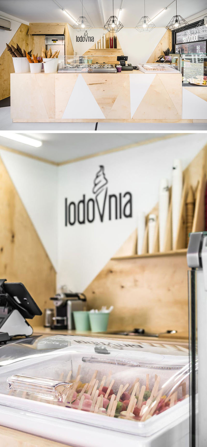 This modern ice cream shop in Poland has a black and white interior that's softened up by the use of natural plywood.