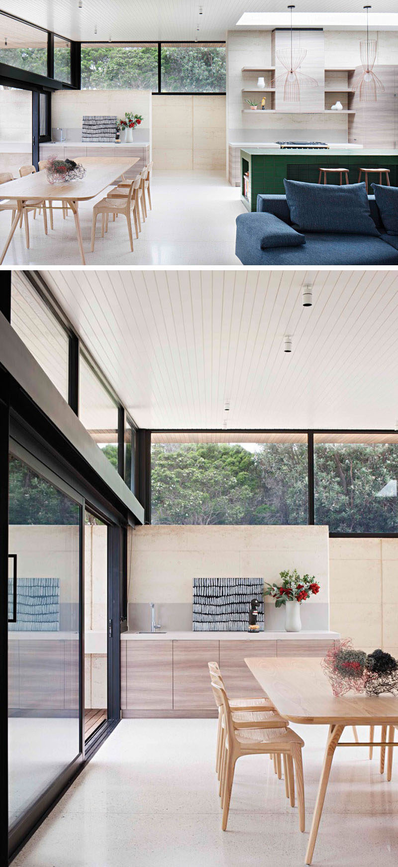 This modern dining area features a bar with a sink that matches the kitchen cabinets, and the light wood dining set and pale concrete floor helps to keep the interior bright. 