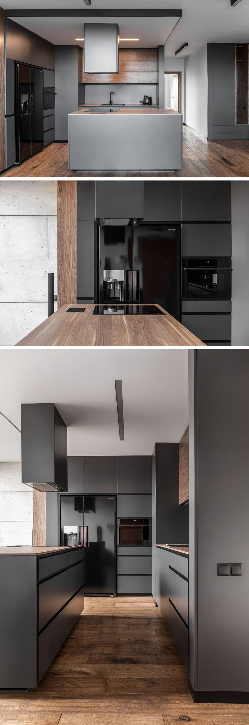 In this modern kitchen, dark grey walls and cabinets have been paired with glossy black appliances and wood elements.