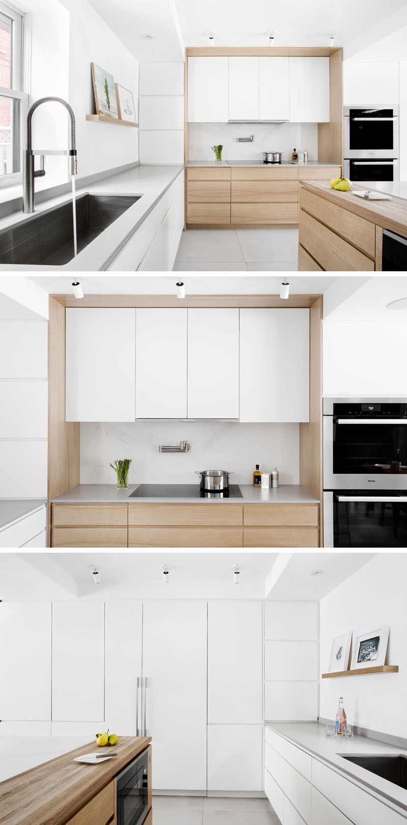 In this updated kitchen, white lacquered doors for the kitchen cabinets and integrated fridge panels extend to the ceiling and cast a bright reflection into the room. Additional lighting was added and to tie in with the dining table, the island and some of the lower cabinets are made of butternut and oiled in a matte finish. Large, oversized heated tiles used for the flooring resemble soft concrete.