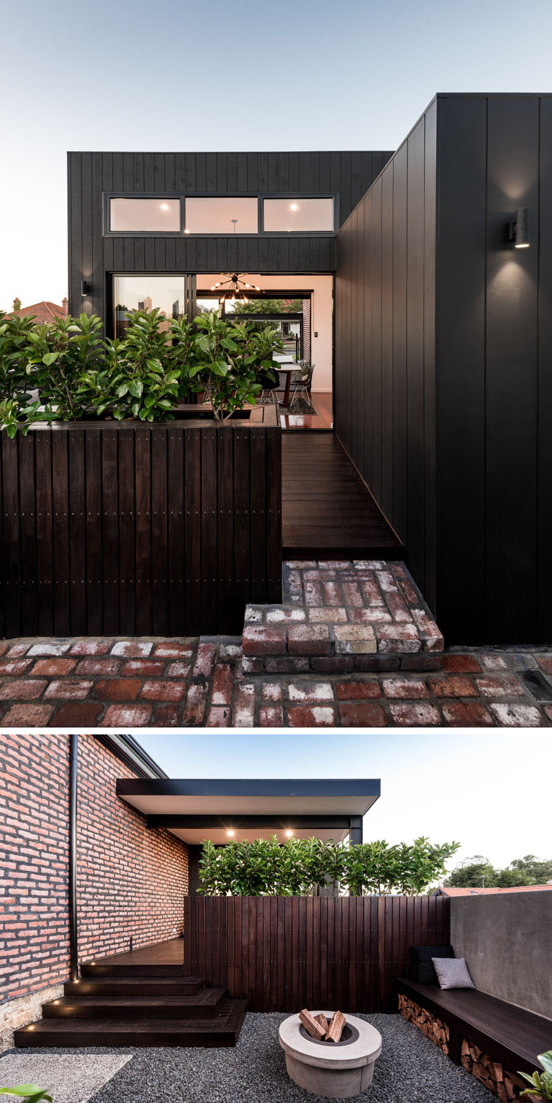 This heritage home received a modern extension and the outdoor space off the dining room features a built-in bench and planters as well as an outdoor firepit.