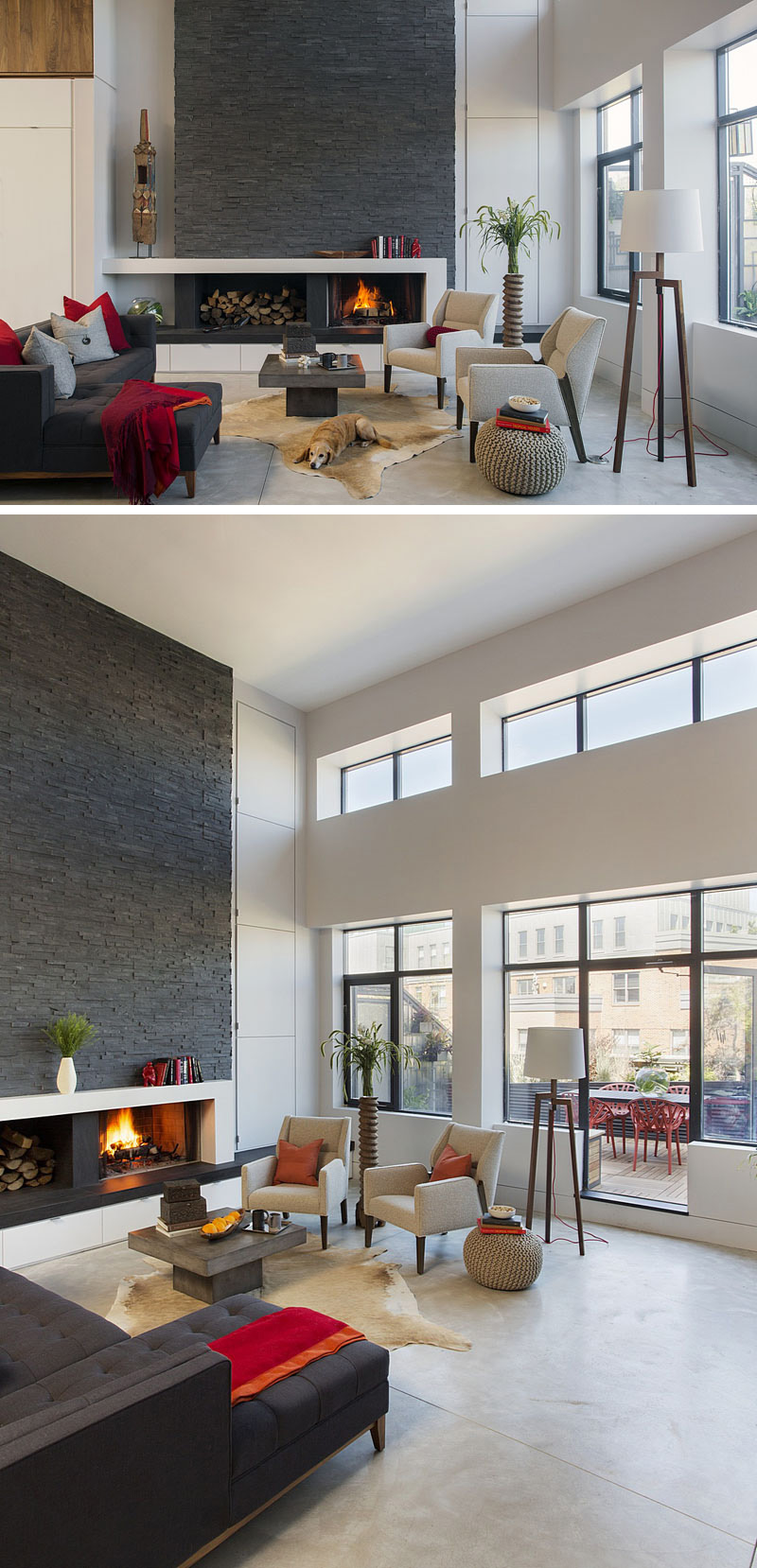 In this modern living room, the wood fire place is framed in a white display shelf, and sits in front of dark stone accent wall. Large windows and glass doors to outside provide extra light in this open room. 