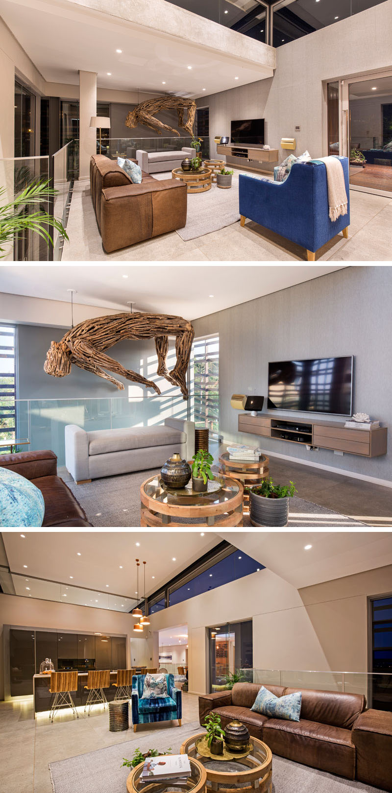 Stepping inside to the top floor of this modern home, the focal point of the living room is a large, wood art installation of a man, designed by the homeowner.