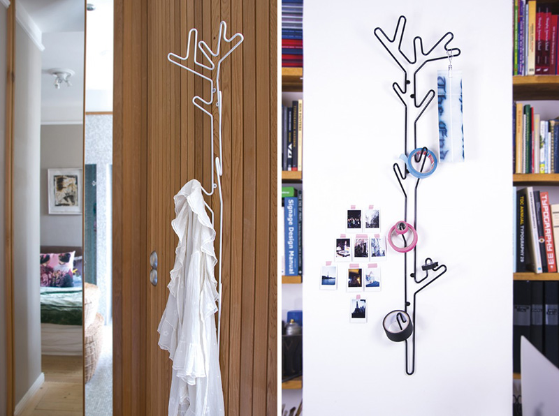 Tall and slim, these metal black and white modern hangers inspired by branches are perfect for small spaces as they utilise their length to hang clothes or other items. 