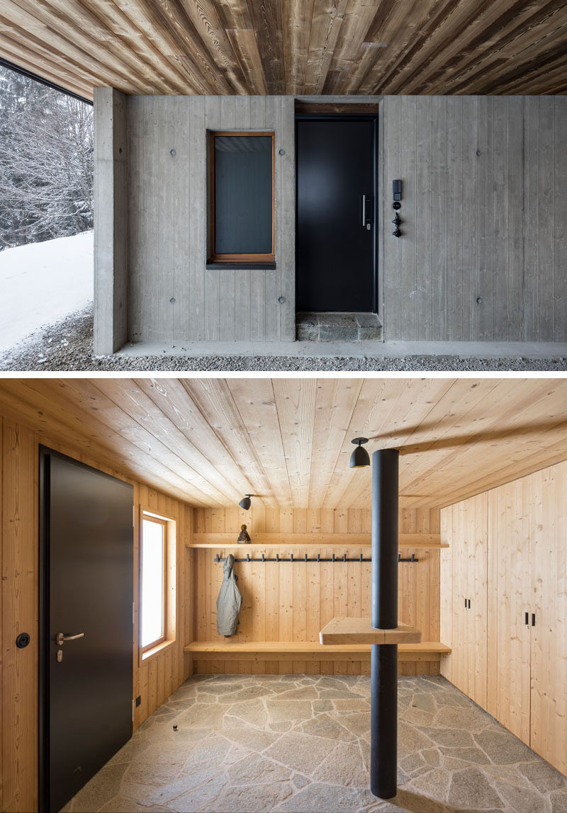 This modern mountain house has been designed so that the garage is open to the elements, yet still covered enough to provide protection in the cooler months. Upon entering the home, there's a room where you can hang up your wet jackets and muddy boots.