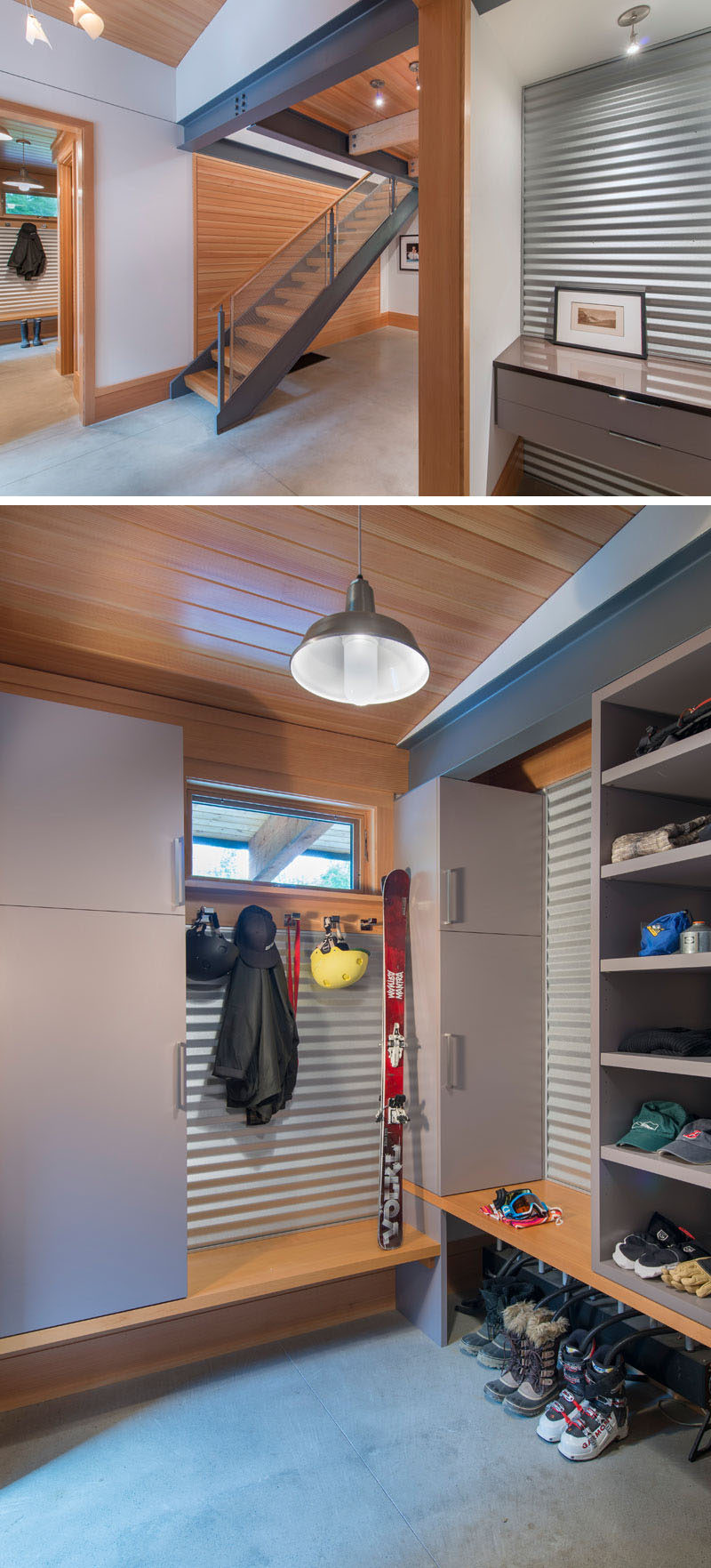 Off to the side of the entryway in this modern house is a mudroom with elements of corrugated metal. Grey cabinets, open shelving and shoe racks make it easy to organize the mudroom.