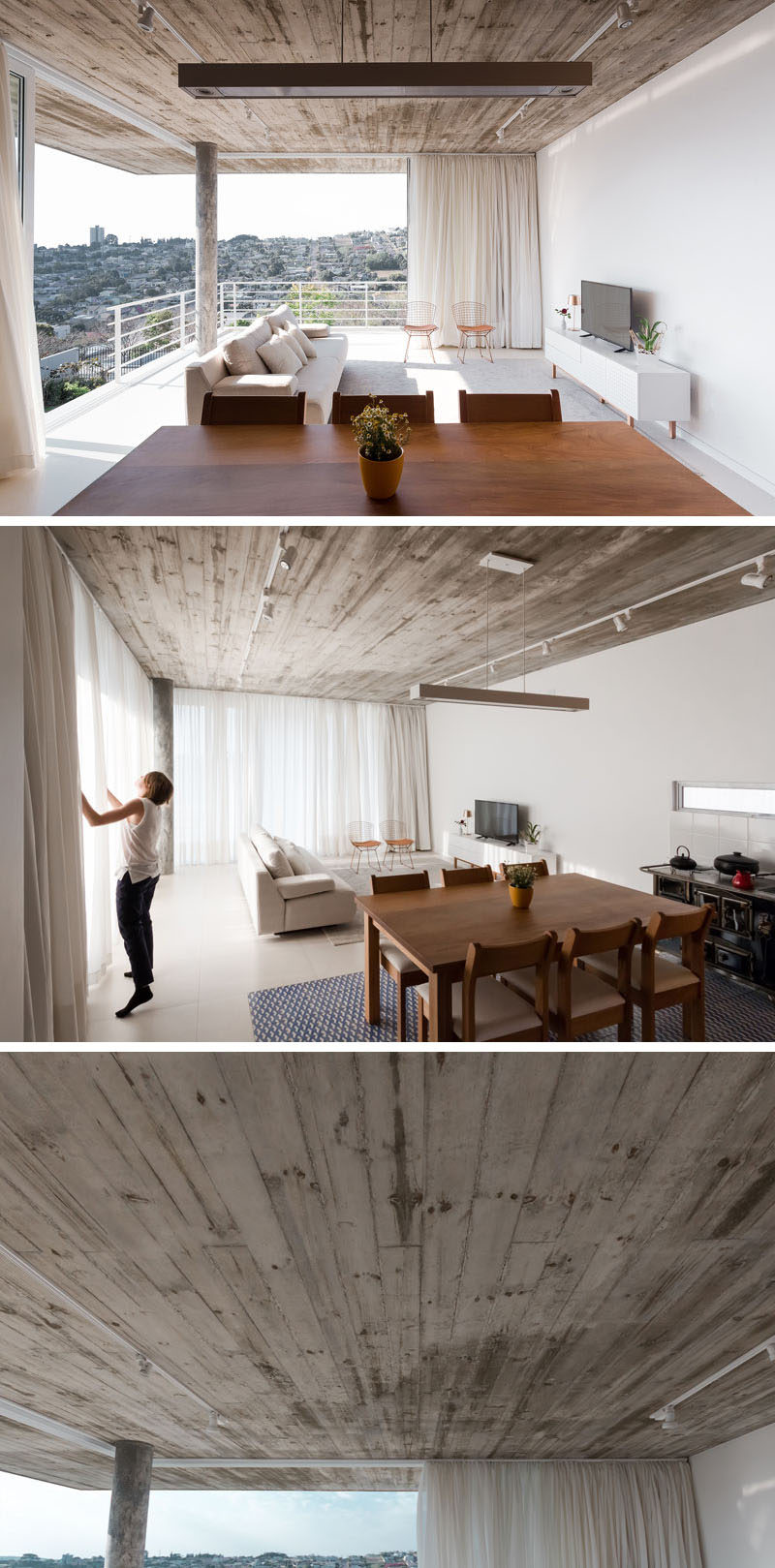 The ceiling throughout the home is made from concrete that was cast in place, allowing the finished ceiling to reveal the wood texture of the form.