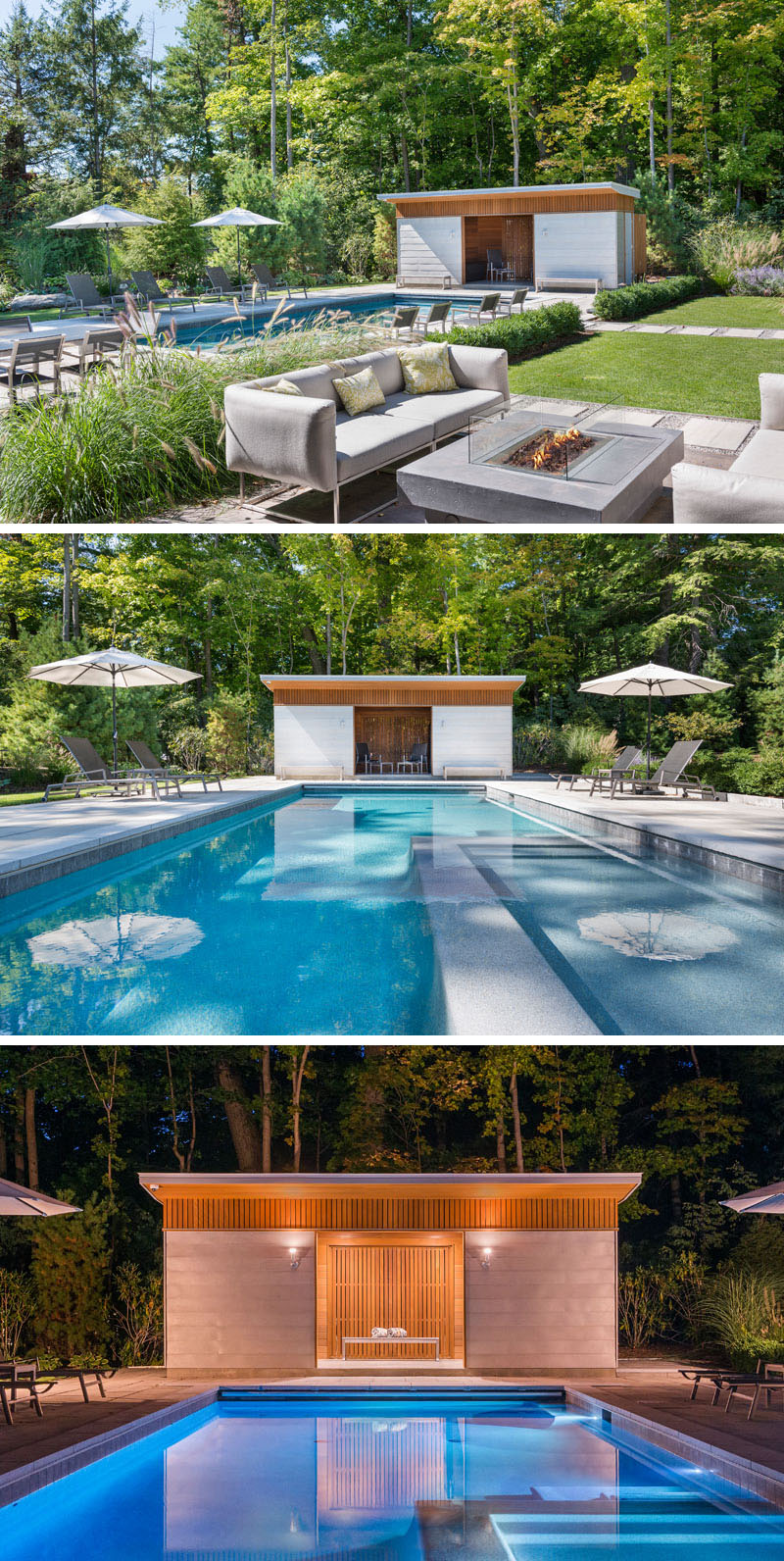 At the end of this modern landscaped backyard and pool, there's a cabana that's been built using zinc panels and cedar, and becomes a focal point for the pool area.