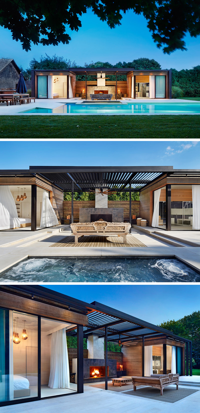 The sunken mezzanine of this modern pool house has a central concrete fireplace, and separates the bedroom from the washroom. 