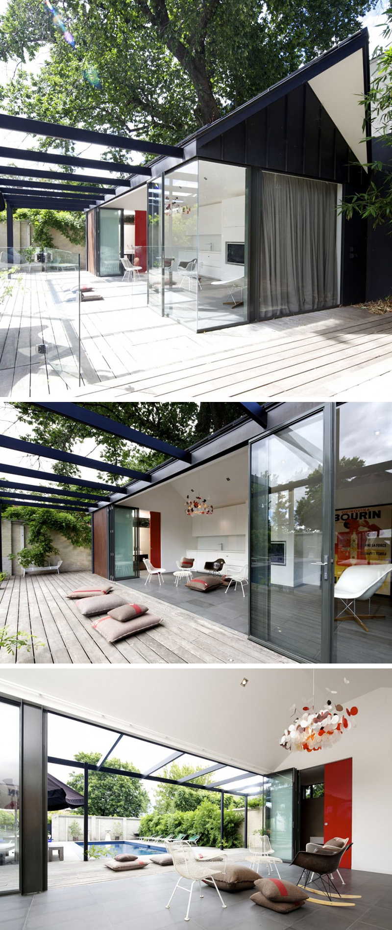 Black beams frame the patio portion of this modern industrial pool house. Red accents provide a pop of color to the mostly white interior.