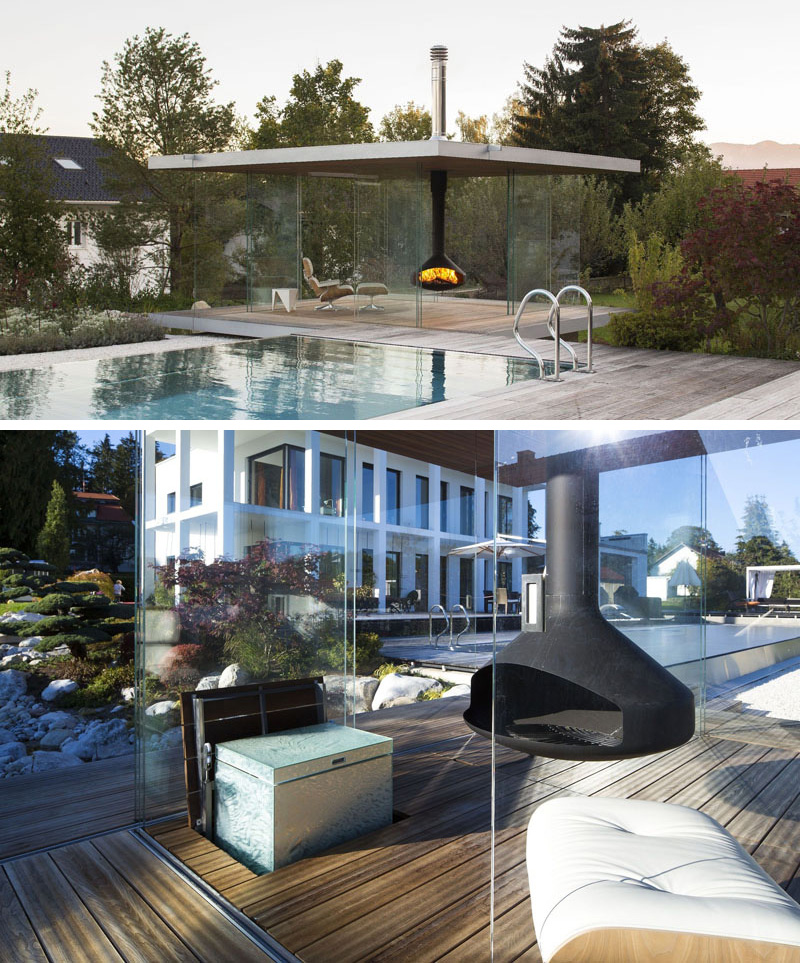The Pavillion360 is a small modular modern structure surrounded by glass. A black metal fireplace keeps the space warm, while a pop up cooler provides icy cold drinks.
