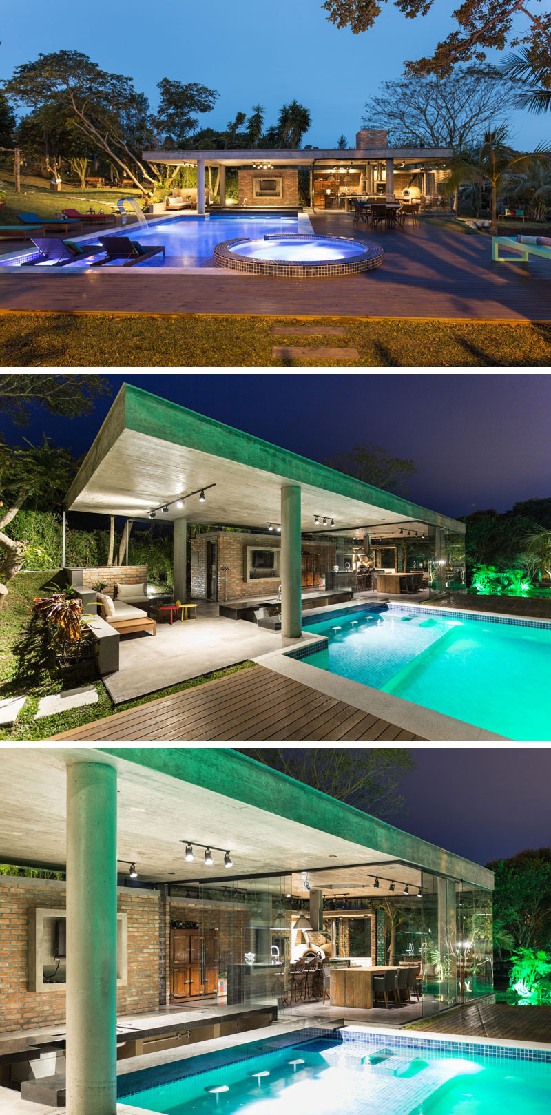 Made from concrete, brick, and glass, this modern pool house is made for entertaining. There's a full kitchen, swim up bar, and multiple seating arrangements surrounding the pool.