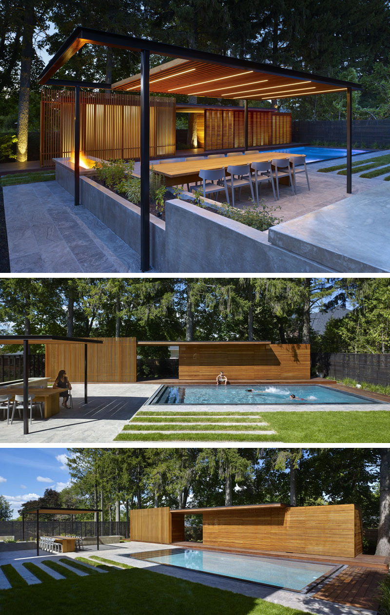 Slats of Douglas Fir have been used to shield the interiors of this modern pool house. Beside the pool house is a steel and wood trellis, that shelters the dining area.