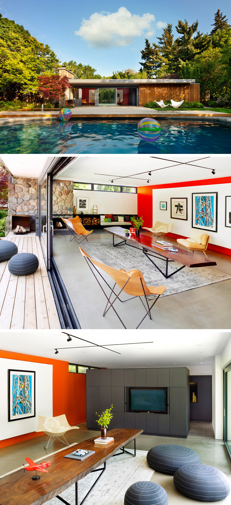 Mid-century inspired, this modern pool house has large glass sliding doors making it perfect to enjoy both indoor and outdoor space on a hot sunny day.