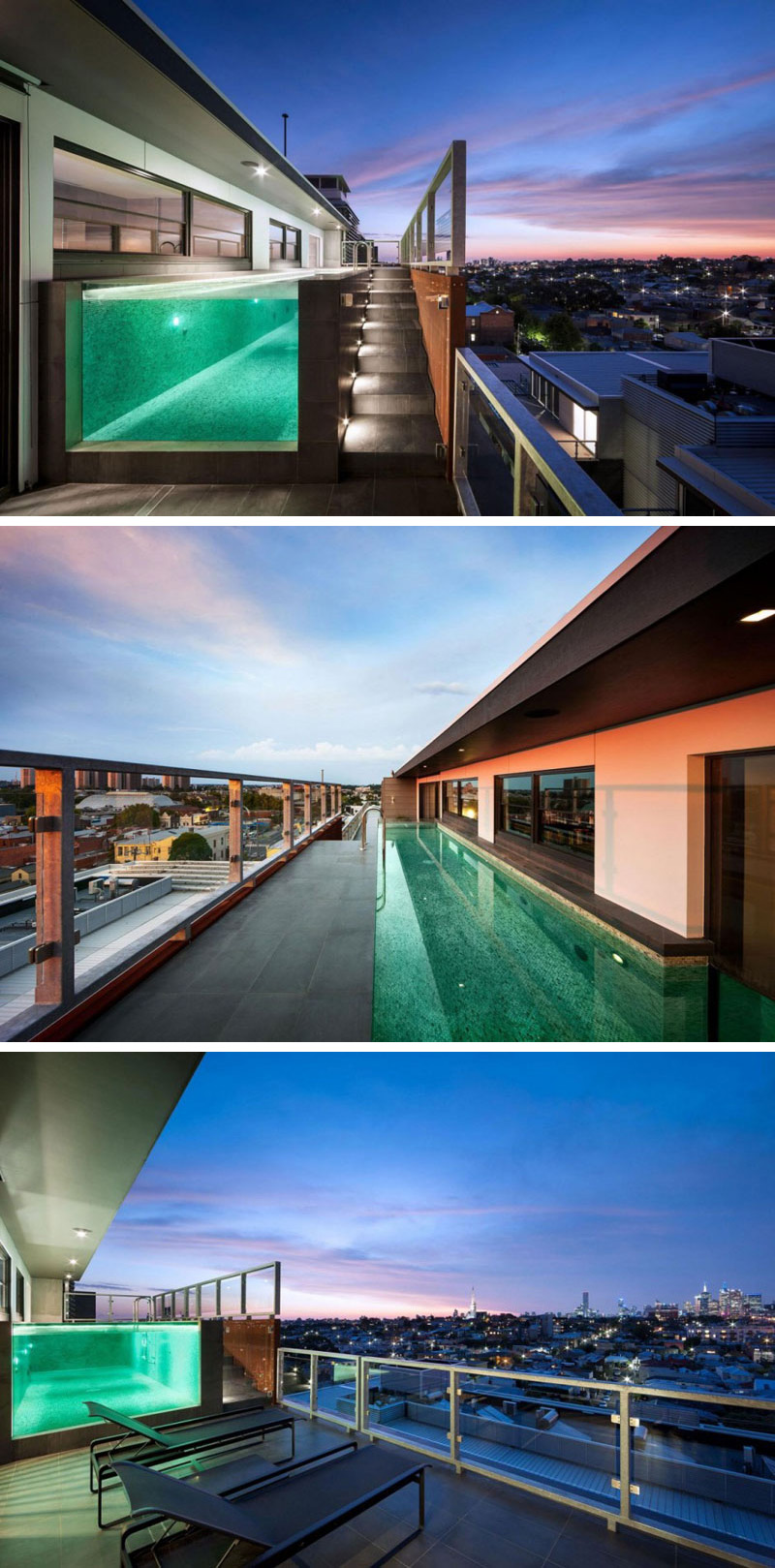 The balcony of this modern penthouse has a long see-through pool. A set of grey tiled stairs brings you to the top of the pool, while two black sun chairs lookout at the city.