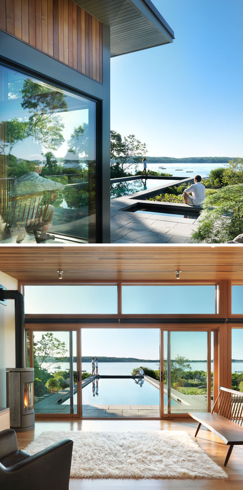 This modern guest house looks out towards pool and the harbor so that the clients, who are avid sailors, can watch the ever-changing view of boats. 