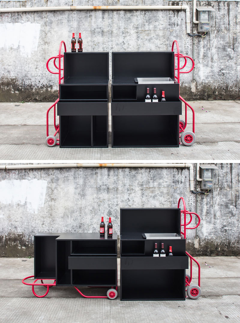 These modern black furniture pieces can be placed beside each other to create an elongated space used for various tasks, such as a wine bar.