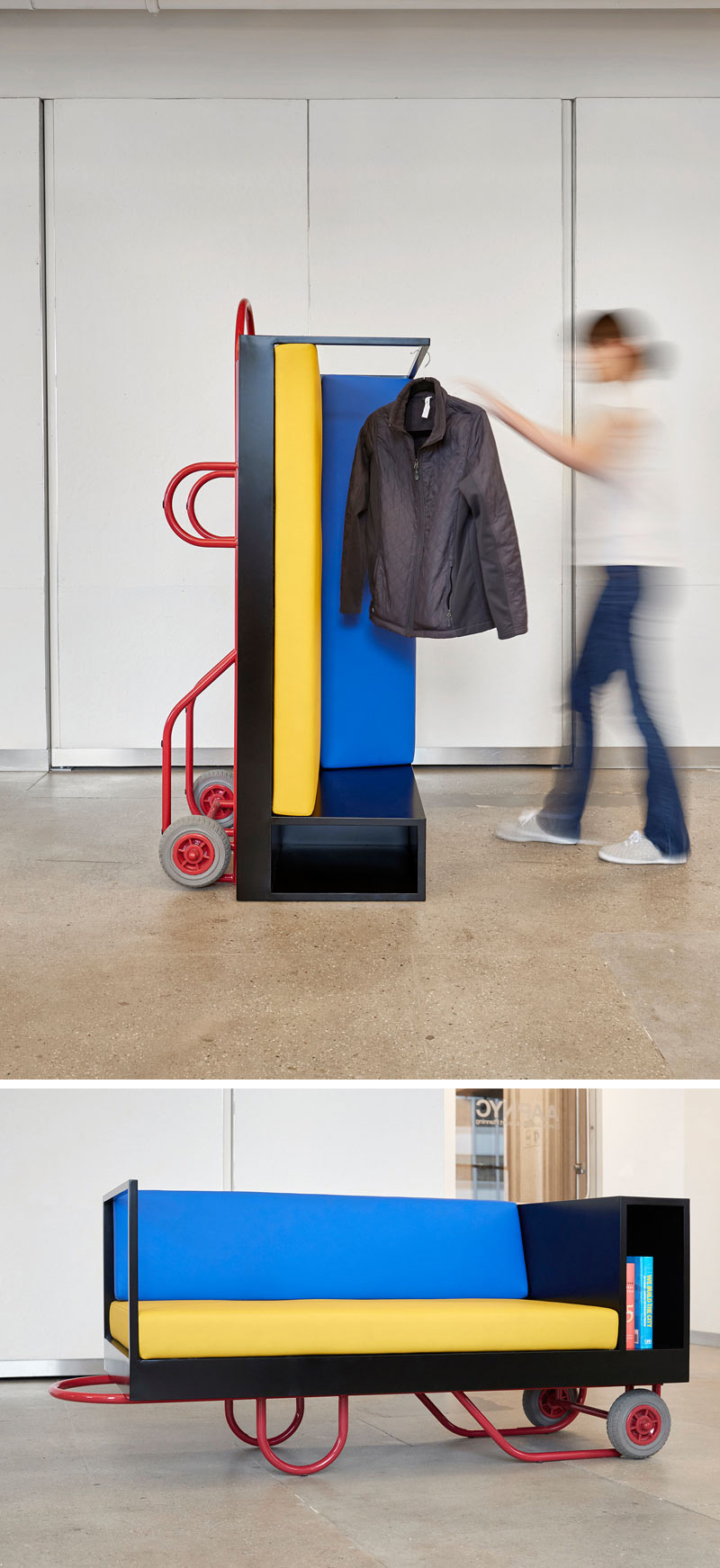 When not being used as a sofa this modern blue and yellow furniture piece can be stored vertically and used as a coat rack.