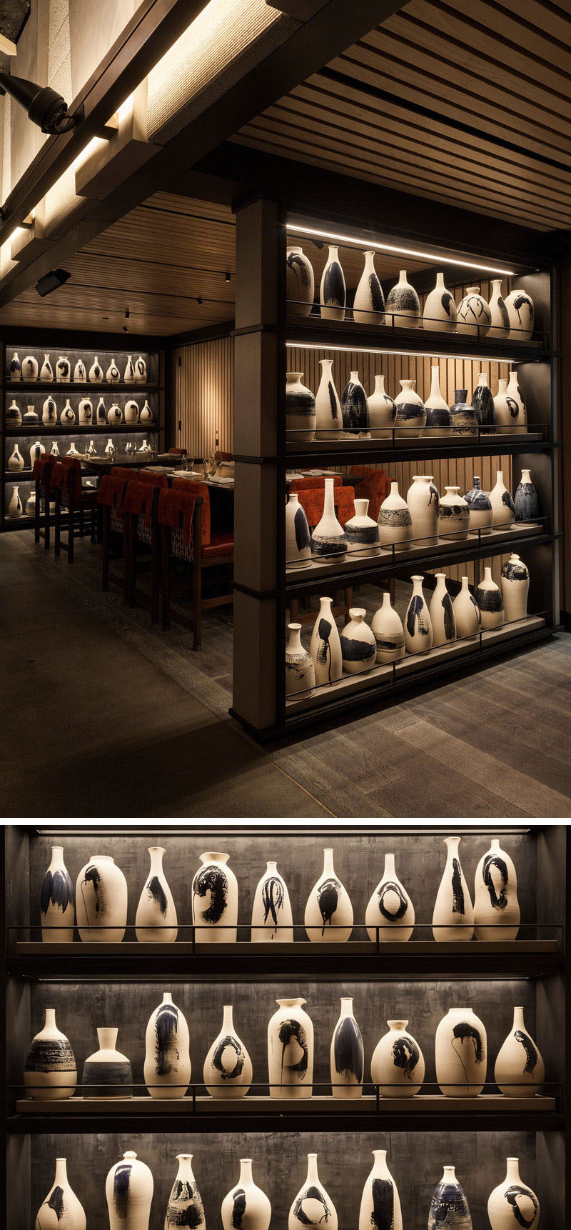 Nobu Downtown (NYC) has a collection of more than 70 handcrafted earthenware rice-wine bottles that fill two floor-to-ceiling open shelves.