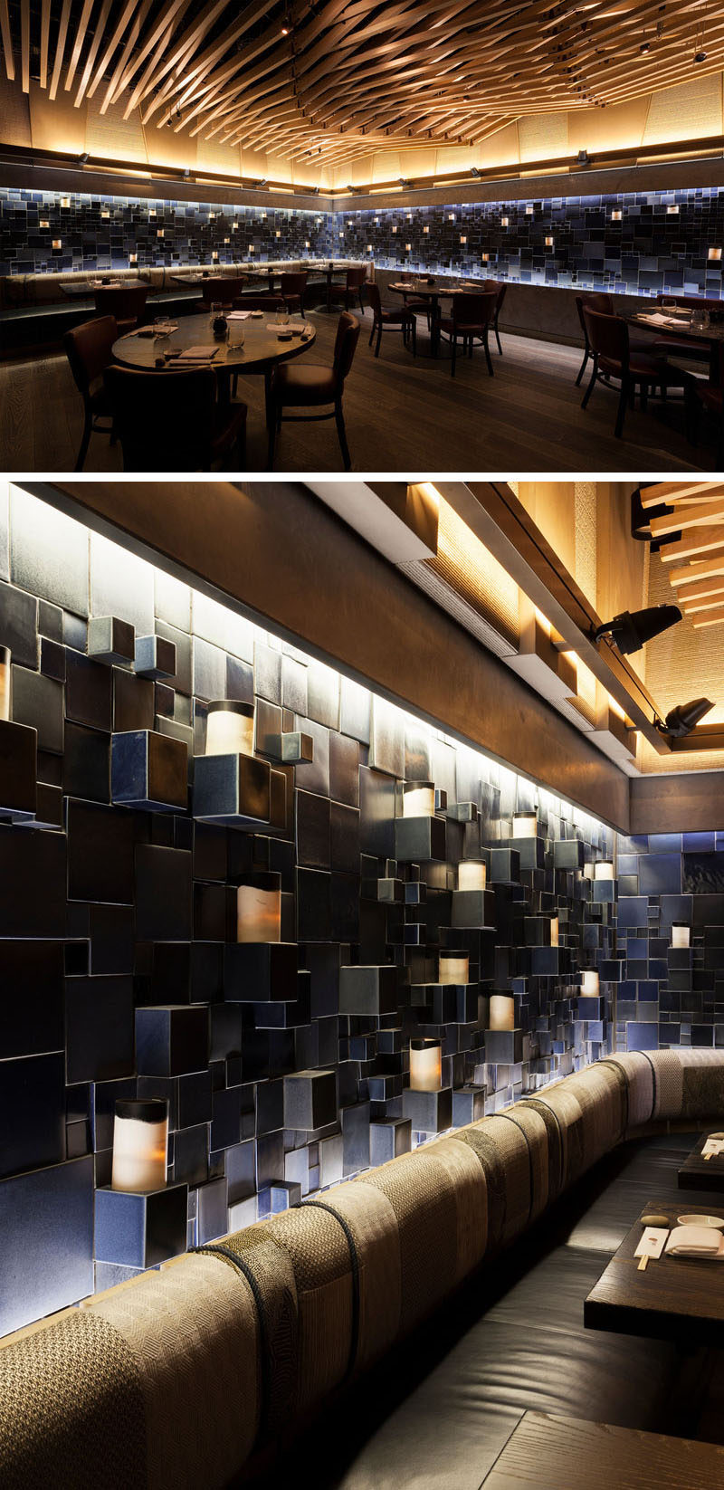 Nobu Downtown (NYC) has a large ceramic art installation along its walls. The two and three dimensional mural is made up of glazed blocks and squares that provides the interior with a highly-textured effect, while adding shades of cobalt blue and concealing LED light fixtures that highlight the art.