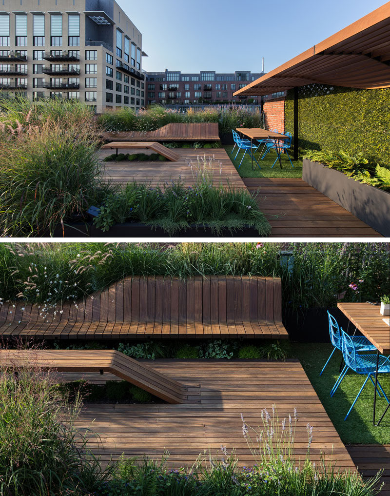 Jeremy Jih of J.Roc Design recently completed Wood Flow, a sculpted, modular roof deck that's 600 square feet in size and surrounded by greenery.