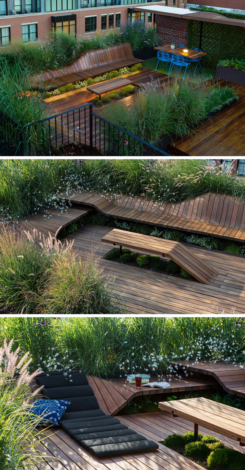 This modern sculpted, modular roof deck is 600 square feet in size and surrounded by greenery. 