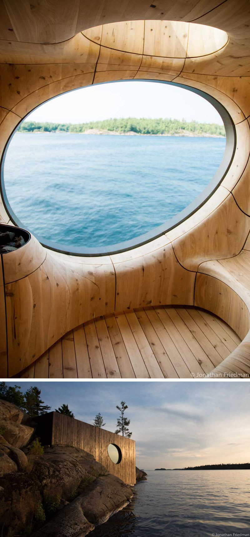 In this modern wood sauna, breathtaking views can be seen through the rounded window, while light from above is provided through another round window.