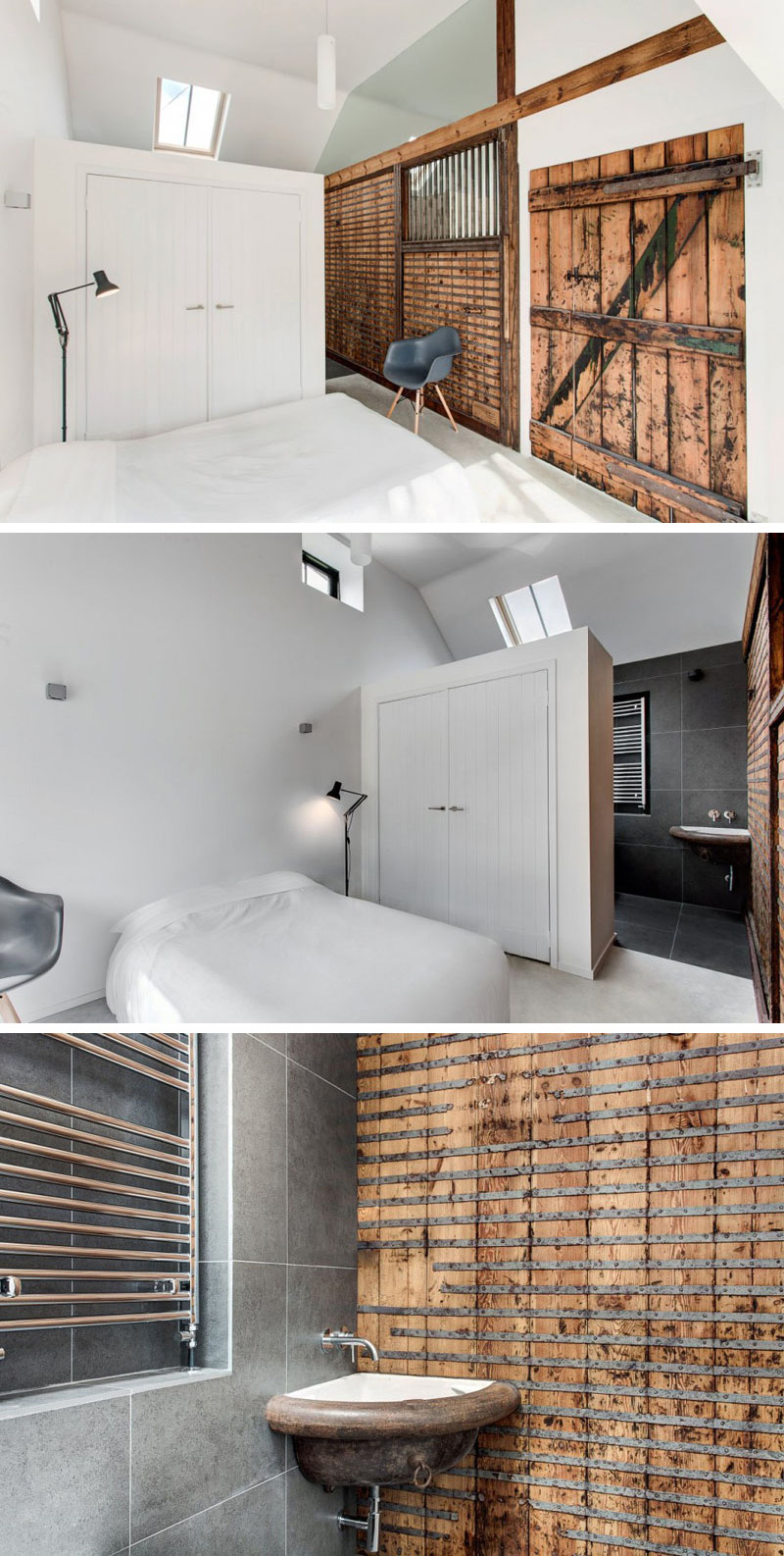 A large white wood wardrobe separates the bathroom from the living area in this modern bedroom. Metal bars provide an easy way to look out at other parts of the house without leaving the room.