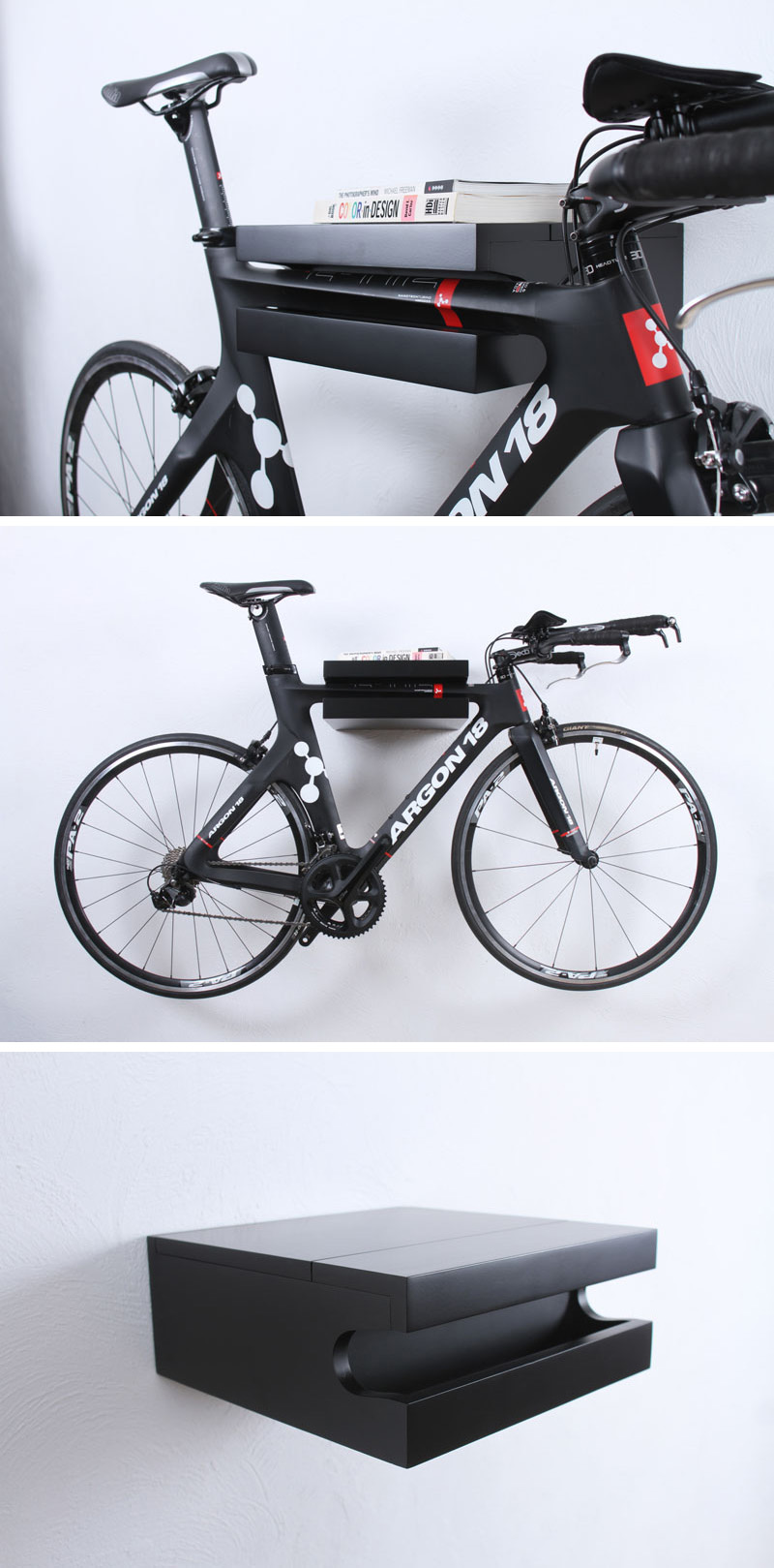 A black wall mounted bike rack that also doubles as a shelf.