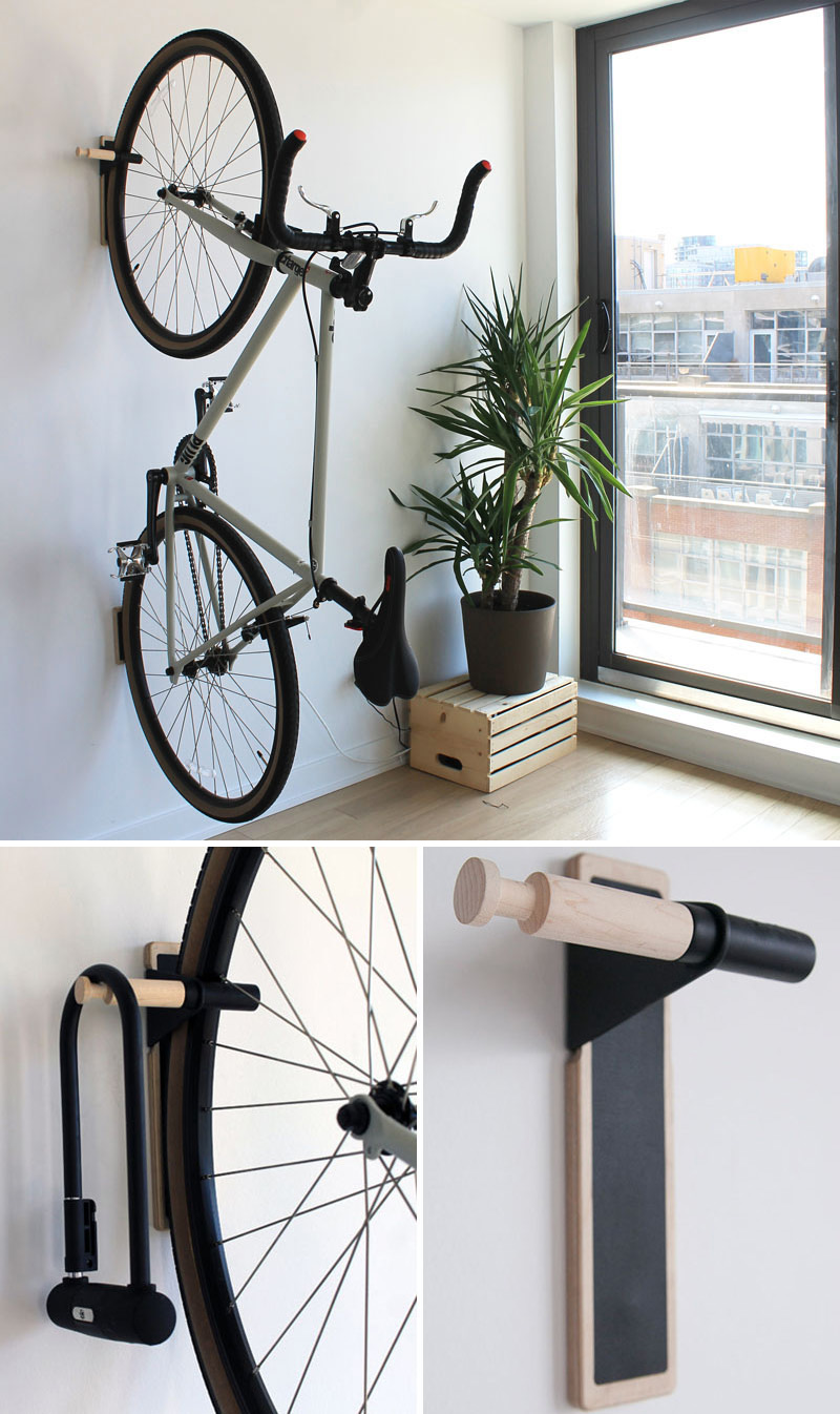 A wall mounted bike rack with a holder for your bike lock.