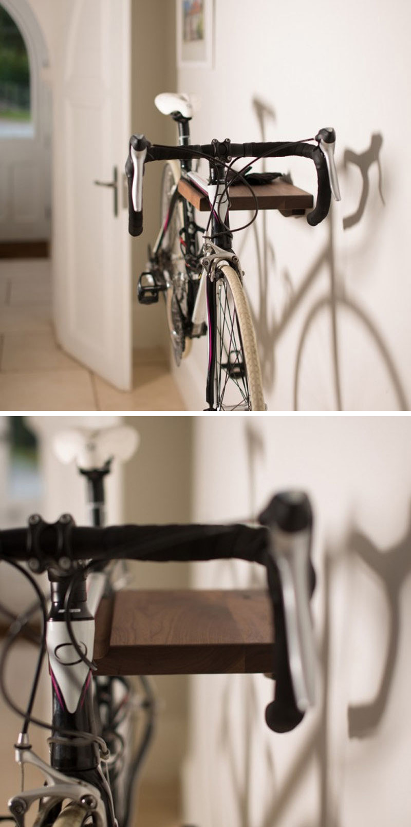 A simple wall mounted wood bike rack.